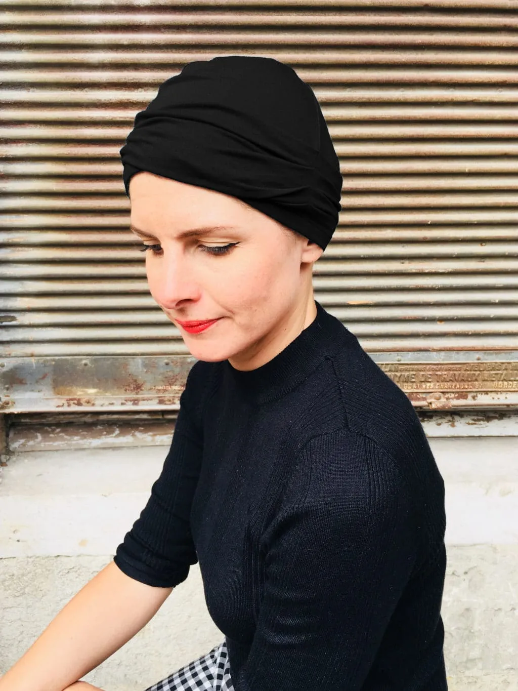 Bandeau chimio noir et son bonnet assorti - Wax Black Flower
