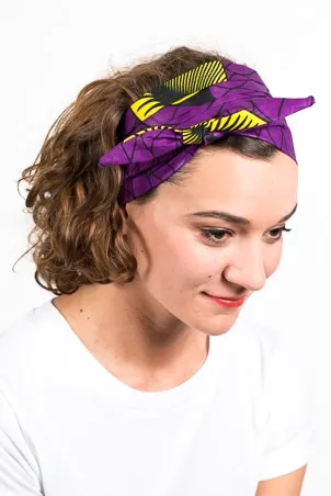 Bandeau chimio violet et son bonnet assorti - Wax Coquillage