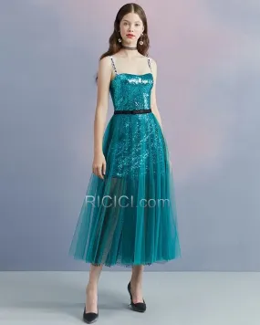 Dos Nu Robe Cocktail Scintillante Bretelles Fines Sans Manches Tulle Paillette 2018 Vert Emeraude