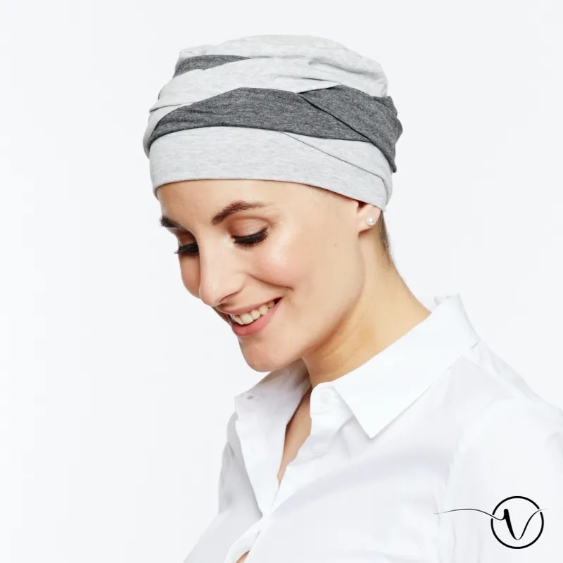 Foulard création - Bonnet chimio plissé Olga gris | Oncovia