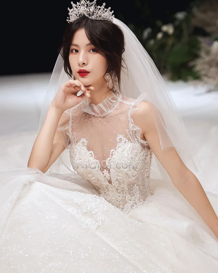 Luxe Ivoire Brillante Appliques Dos Nu Glitter À Volants Robe De Mariée Paillette