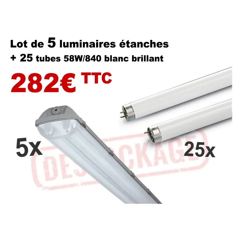 Pack 5 luminaires étanches + 25 tubes 58W