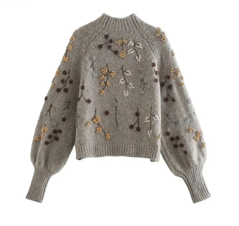 Pull-over Tricoté Vintage à Fleurs pour Femmes