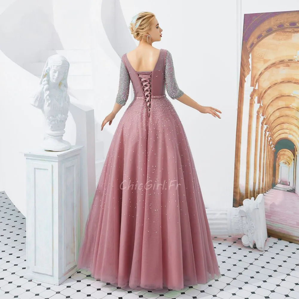 Robe De Bal Brillante Longue Vieux Rose Tulle Paillette Manche 3/4 Col V
