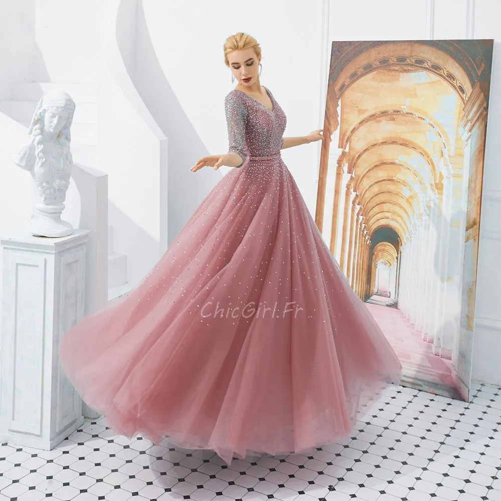 Robe De Bal Brillante Longue Vieux Rose Tulle Paillette Manche 3/4 Col V