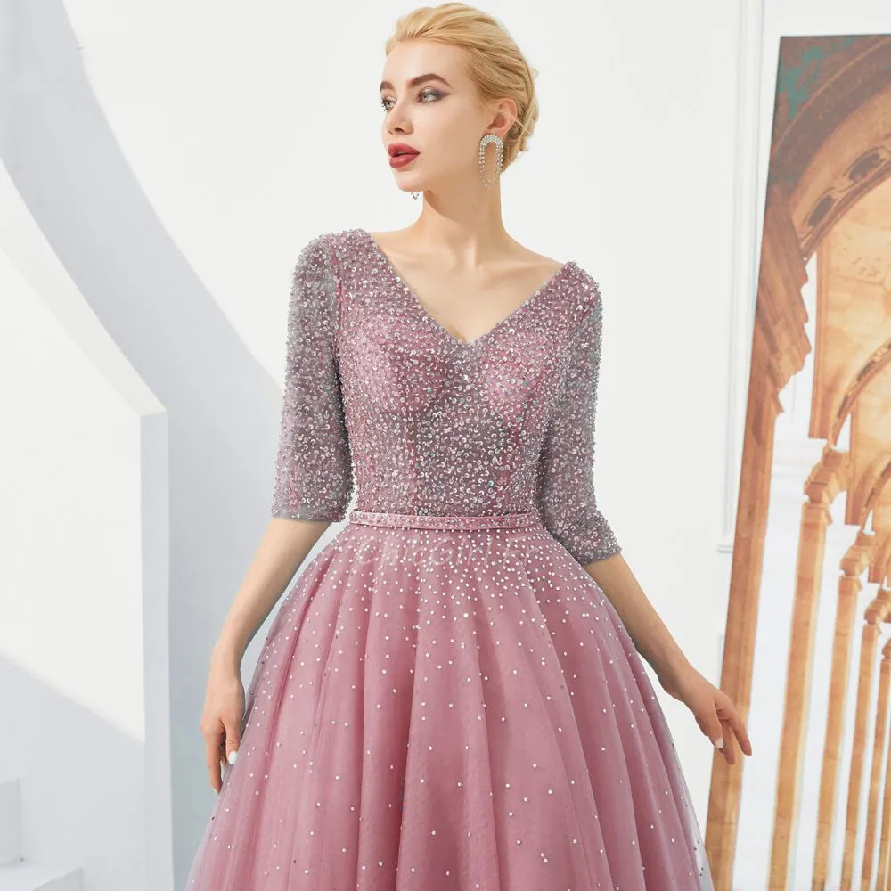 Robe De Bal Brillante Longue Vieux Rose Tulle Paillette Manche 3/4 Col V