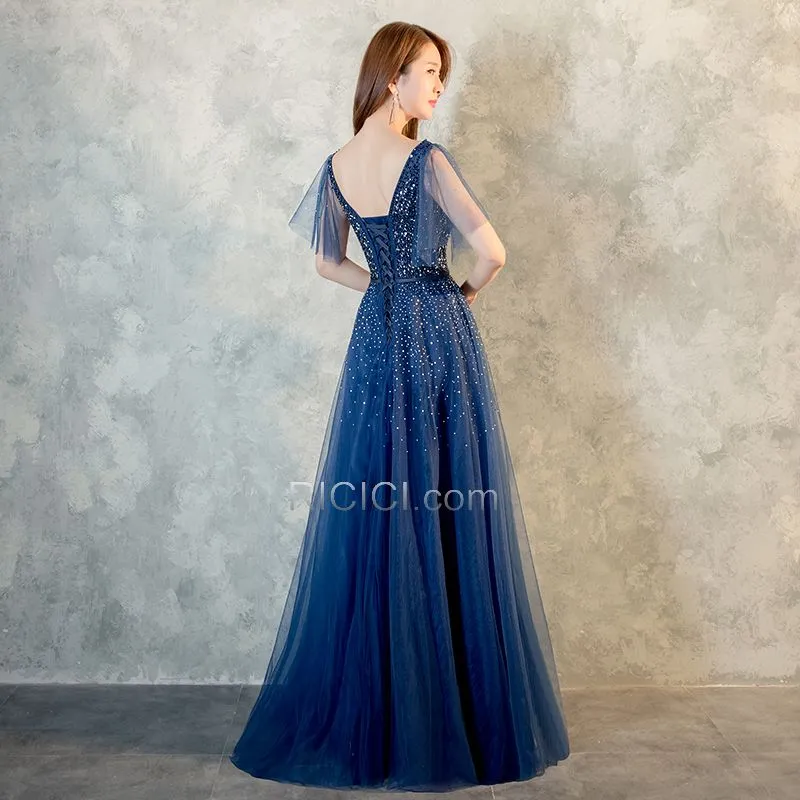 Robe De Bal Tulle Bleu Marine Paillette Luxe Perlage Appliques Scintillante