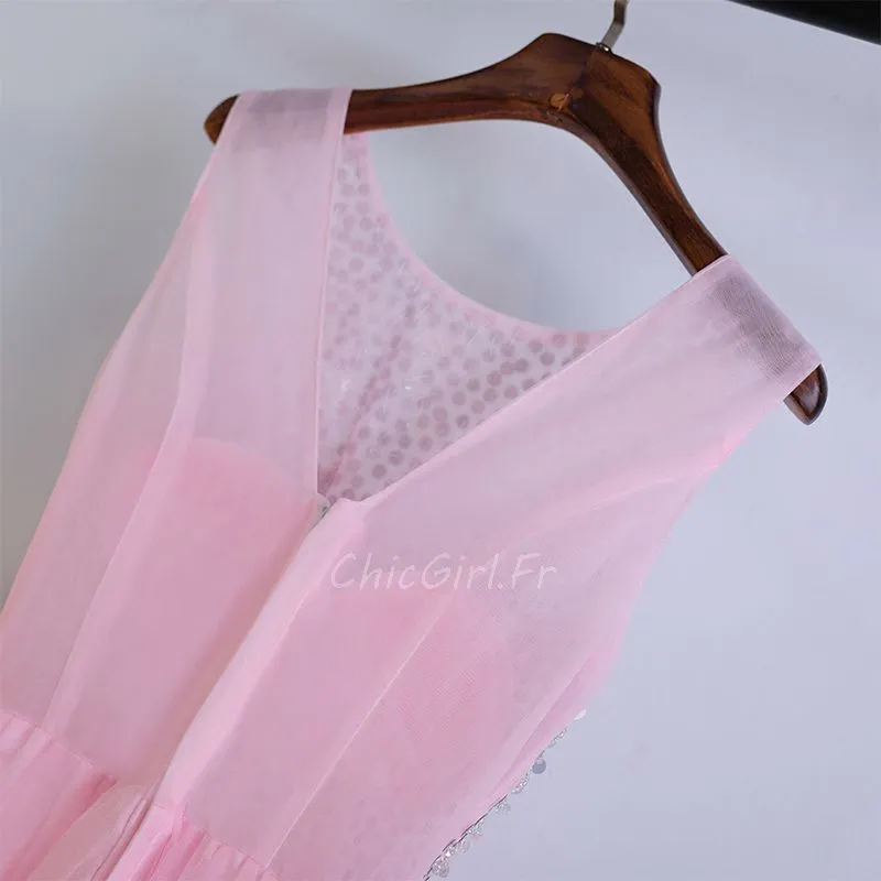 Robe De Soirée Bal Longue Rose Pale Tulle Perle Paillette Brillante Col Rond