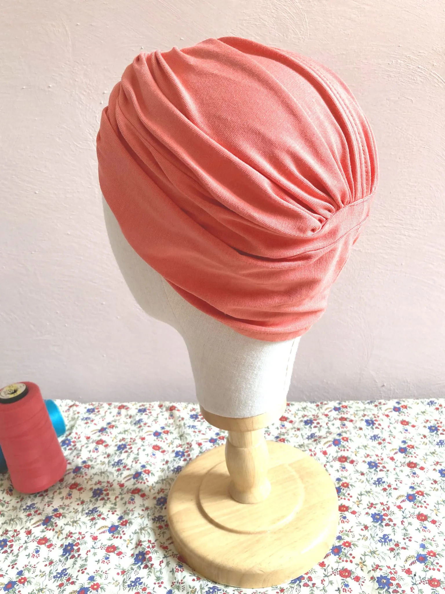 Turban chimio Oeko-tex en bambou drapé corail